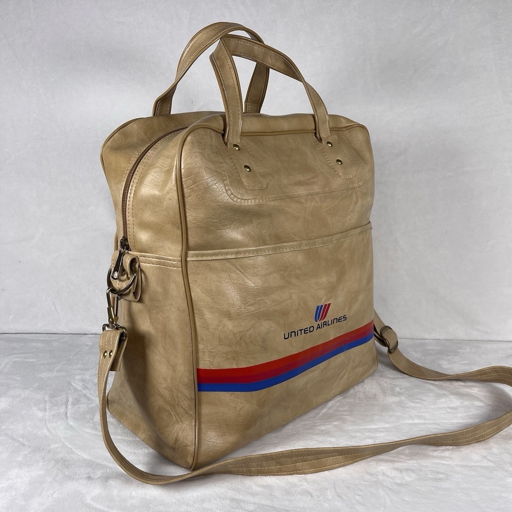 Vintage 70s United Airlines Faux Leather Carry On Bag Tan Tulip Logo Exclusive - Picture 2 of 11